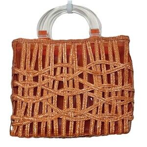 Fina Firenze Woven Lucite Handle Handbag Orange Retro Resort Tote